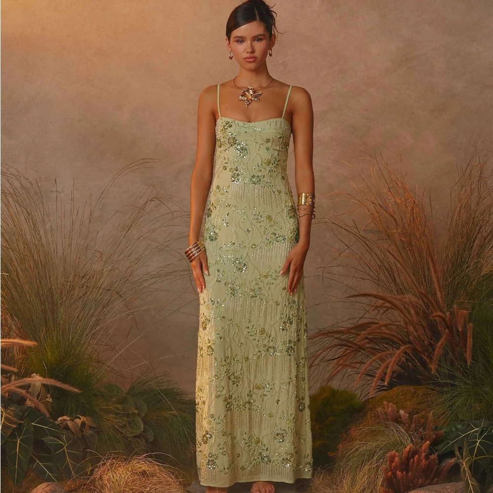 PEPPERMAYO Elegant Green Embellished Maxi Dress BRAND NEW